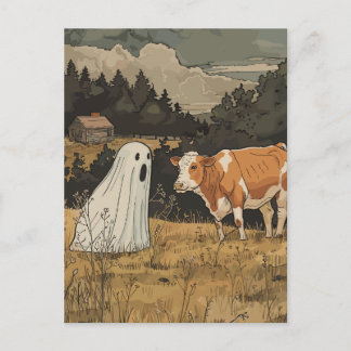 Halloween Ghost and Cow Vintage Farm Postcard