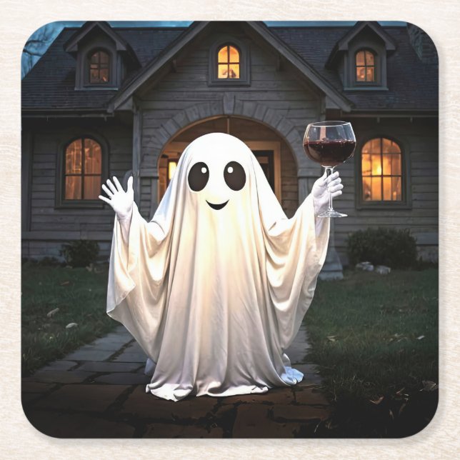 Halloween Ghost and Wine Square Paper Coaster (Front)