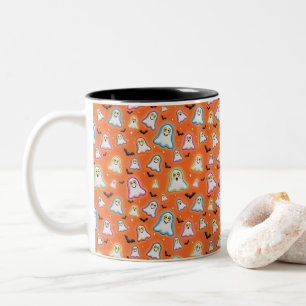 Halloween Ghost, Bats, Star, Confetti on Orange Two-Tone Coffee Mug