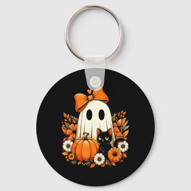 Halloween Ghost Black Cat Floral Groovy Key Ring (Front)