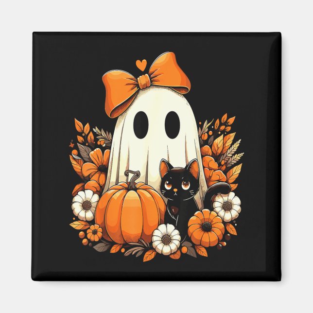 Halloween Ghost Black Cat Floral Groovy Magnet (Front)