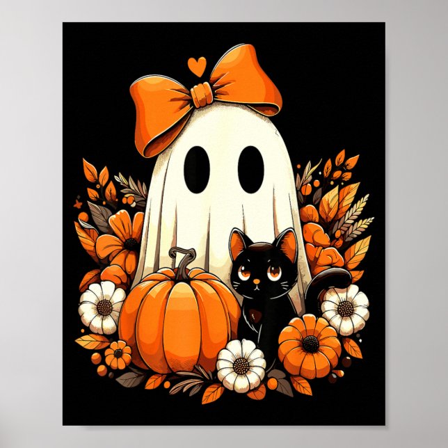Halloween Ghost Black Cat Floral Groovy Poster (Front)