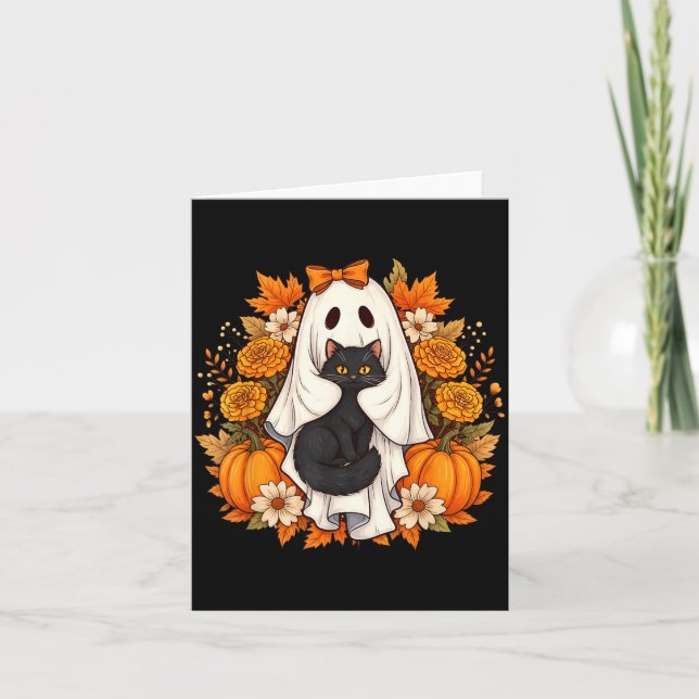 Halloween Ghost Black Cat Flowers Card (Front)