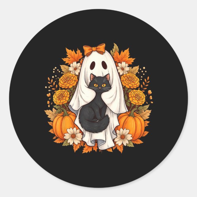 Halloween Ghost Black Cat Flowers Classic Round Sticker (Front)