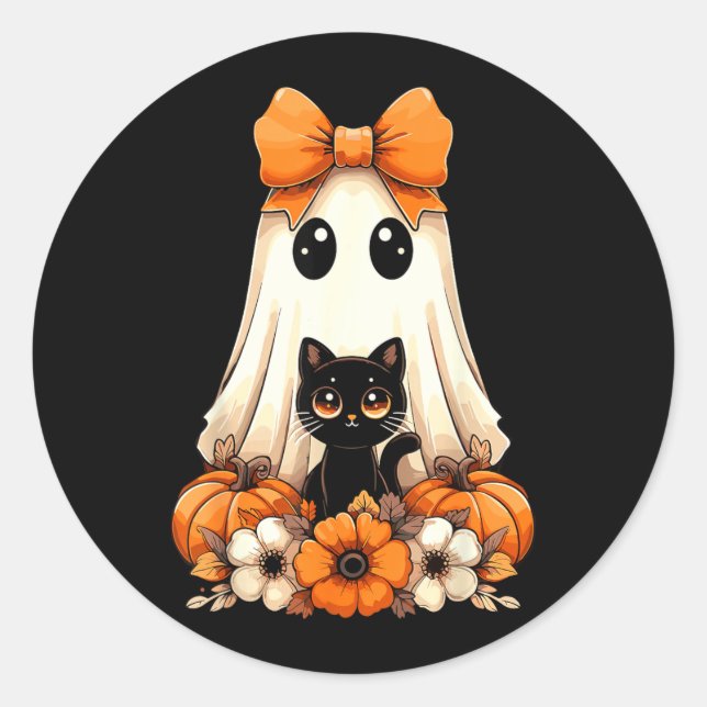 Halloween Ghost Black Cat Groovy Classic Round Sticker (Front)