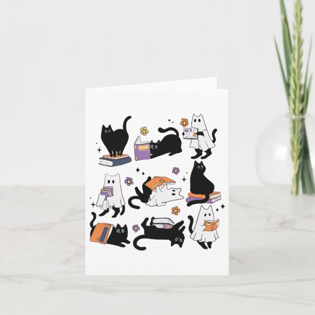 Halloween Ghost Black Cat Reading Book Costume  Card (Front)
