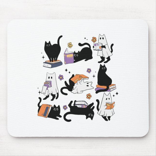 Halloween Ghost Black Cat Reading Book Costume  Mouse Pad (Front)