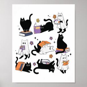 Halloween Ghost Black Cat Reading Book Costume  Poster