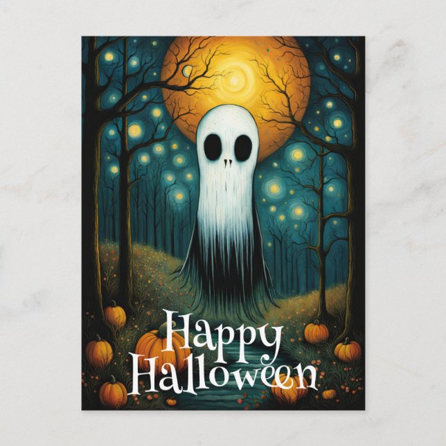 Halloween Ghost Boo Pumpkin Night Forest Postcard (Front)