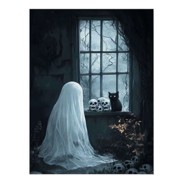 Halloween Ghost, Cat  and Skuls Poster (Front)