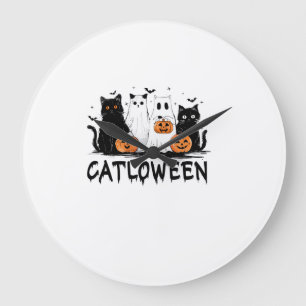 Halloween Ghost Cat Catloween Funny Black Cat Cat Large Clock