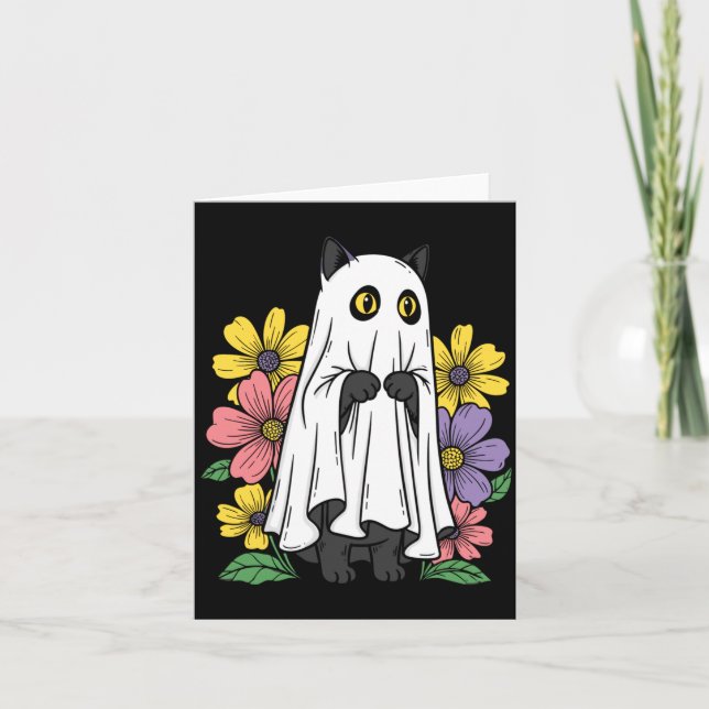 Halloween Ghost Cat Cute Black Cat Flowers Card (Front)