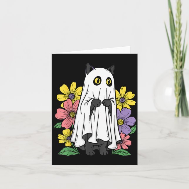Halloween Ghost Cat Cute Black Cat Flowers Card (Front)