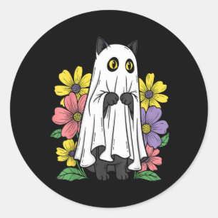 Halloween Ghost Cat Cute Black Cat Flowers Classic Round Sticker