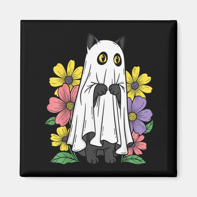 Halloween Ghost Cat Cute Black Cat Flowers Magnet (Front)