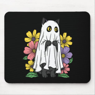 Halloween Ghost Cat Cute Black Cat Flowers Mouse Pad