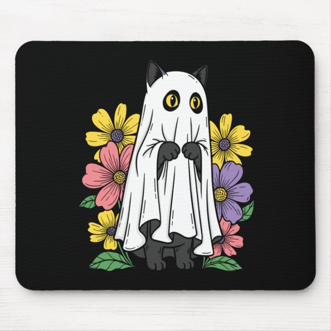 Halloween Ghost Cat Cute Black Cat Flowers Mouse Pad (Front)