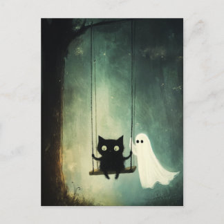 Halloween Ghost, Cat on Swing Postcard