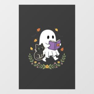 Halloween Ghost Cat Reading Book Floral Design_1