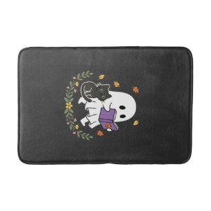 Halloween Ghost Cat Reading Book Floral Design_1 Bath Mat