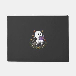 Halloween Ghost Cat Reading Book Floral Design_1 Doormat