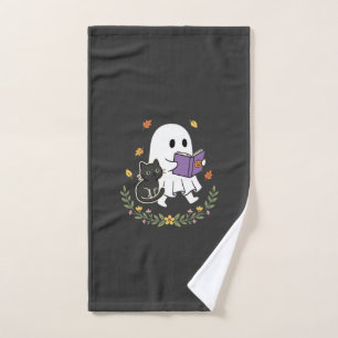 Halloween Ghost Cat Reading Book Floral Design_1 Hand Towel