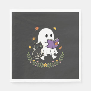 Halloween Ghost Cat Reading Book Floral Design_1 Napkin