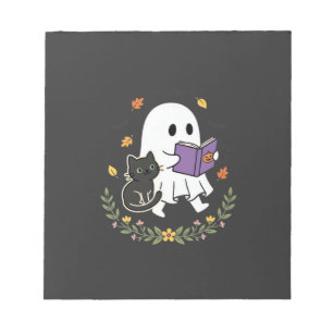 Halloween Ghost Cat Reading Book Floral Design_1 Notepad