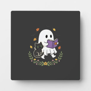 Halloween Ghost Cat Reading Book Floral Design_1 Plaque