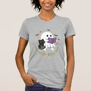 Halloween Ghost Cat Reading Book Floral Design_1 T-Shirt
