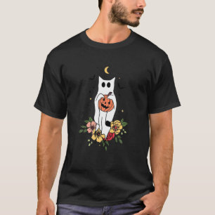 Halloween Ghost Cat Scary Pumpkin Floral Cat Lover T-Shirt