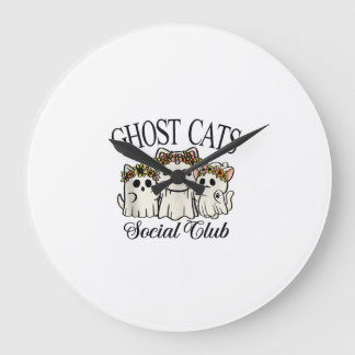 Halloween Ghost Cat Social Club Retro Spooky Cat S Large Clock