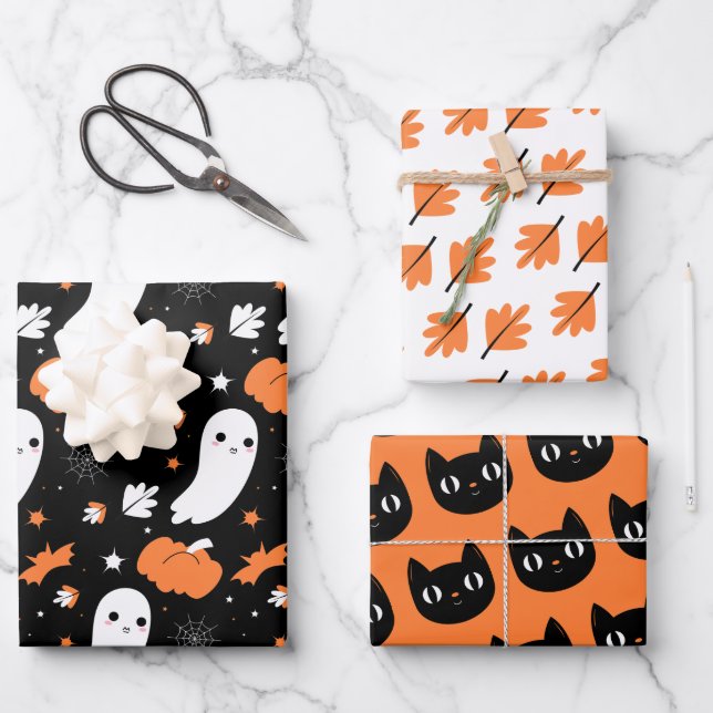 Halloween Ghost, Cat, Spooky Fall Wrapping Paper Sheet (Front)