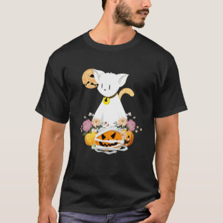 Halloween Ghost Cat with Scary Pumpkin Floral for  T-Shirt