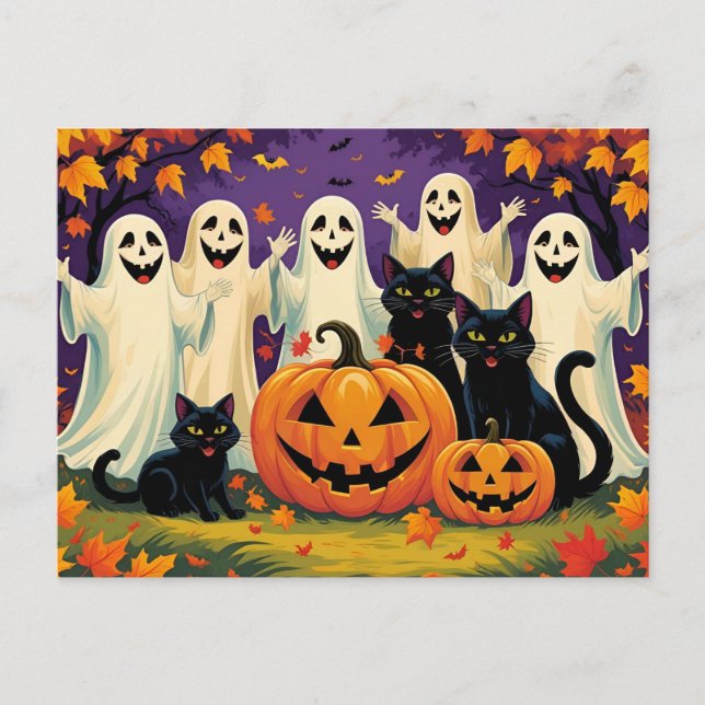 Halloween Ghost, Cats and Pumpkins  Holiday Postcard (Front)