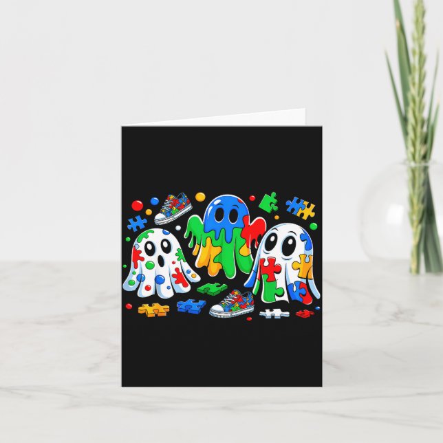 Halloween Ghost Colorful Puzzle Ribbon Autism Awar Card (Front)