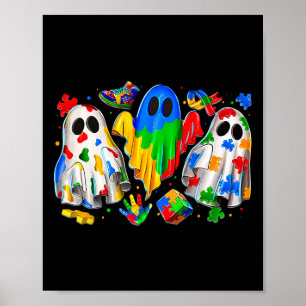 Halloween Ghost Colourful Puzzle Ribbon Autism Awa Poster