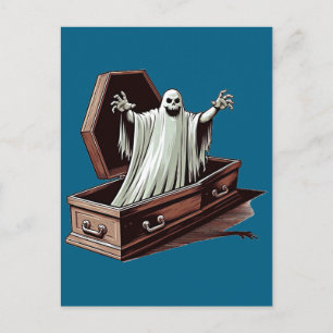  halloween ghost coming out of coffin art  postcard