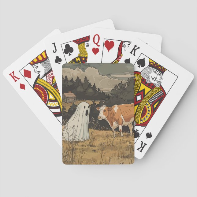 Halloween Ghost Cow Modern Farmhouse Playing Cards (Back)