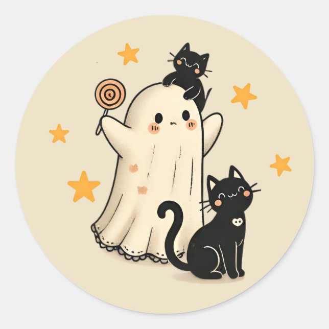 Halloween Ghost & Cute Black Cats  Classic Round Sticker (Front)
