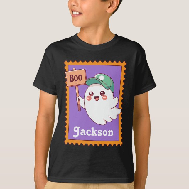Halloween Ghost Cute Boo Sign Custom Kids Name T-Shirt (Front)