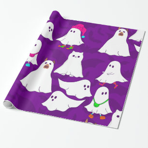halloween ghost dog cat purple wrapping paper