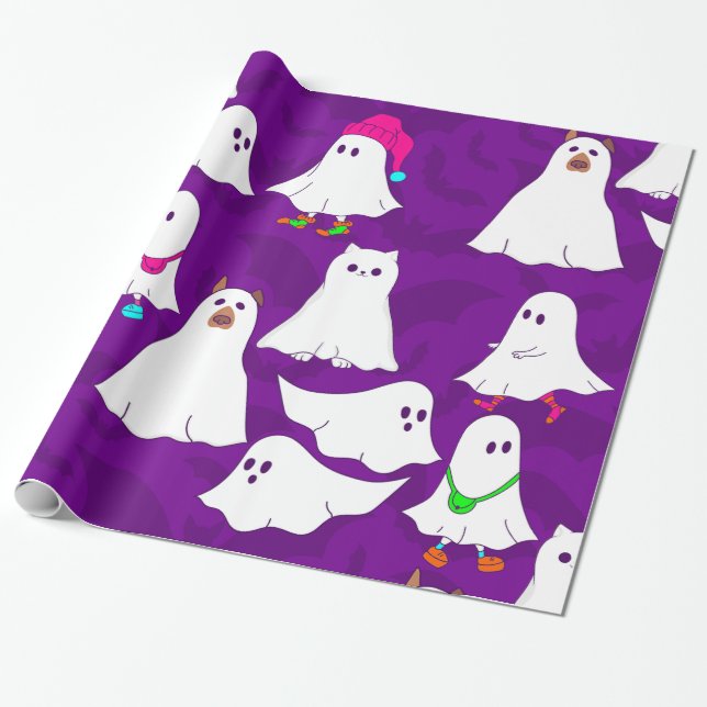 halloween ghost dog cat purple  wrapping paper (Unrolled)