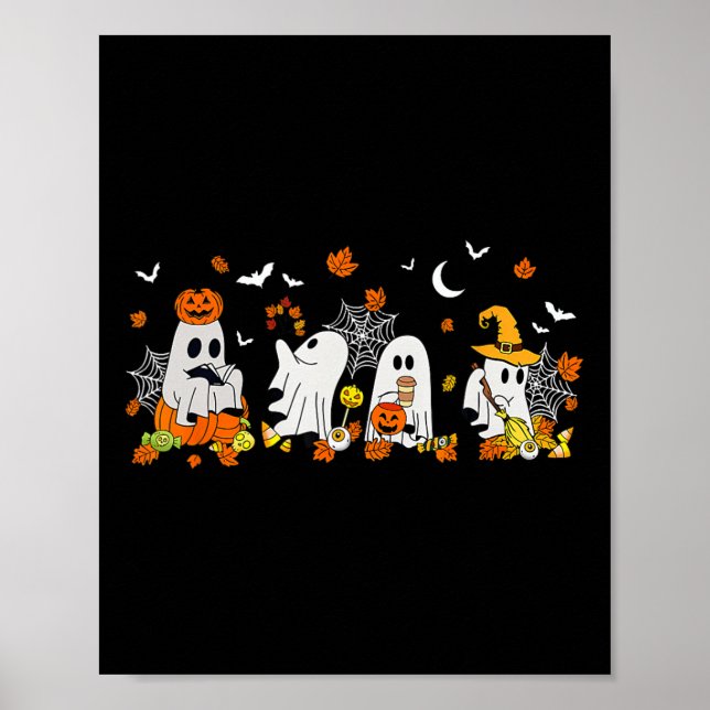 Halloween Ghost Drinking Coffee Fall Ghost Book Re Poster (Front)