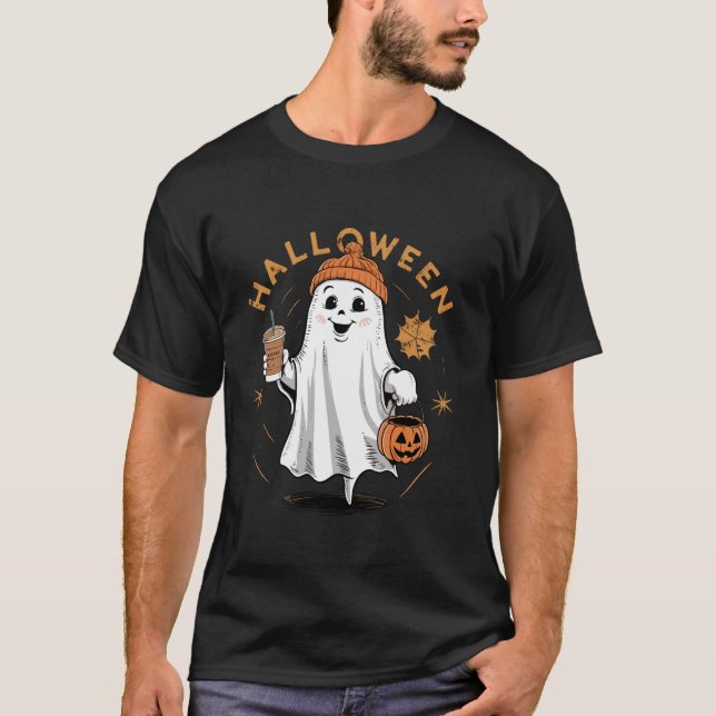 Halloween Ghost Drinking Coffee Ghost Ice Coffee M T-Shirt (Front)
