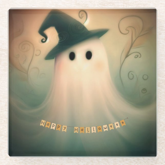 Halloween/Ghost/Fall/Whimsical Ornament Glass Coaster (Front)