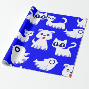 halloween ghost ferret dog blue wrapping paper