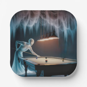 Halloween Ghost Figures Playing Billiards Paper Plate