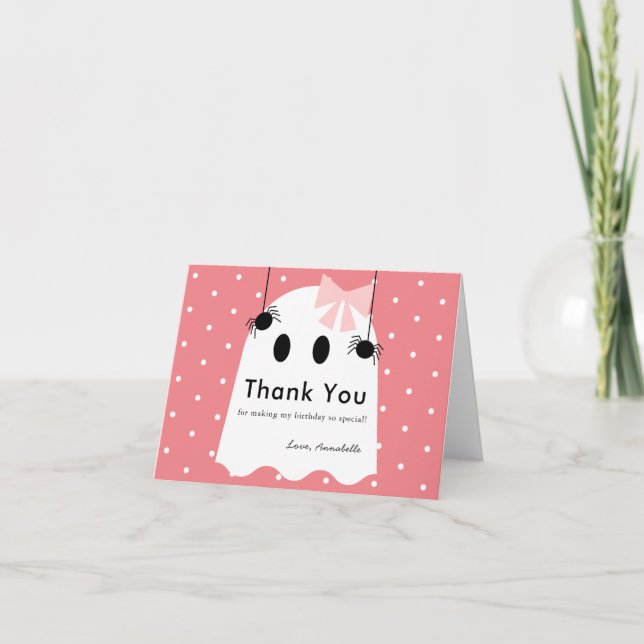 Halloween Ghost Girl Pink Ribbon Thank You Card (Front)