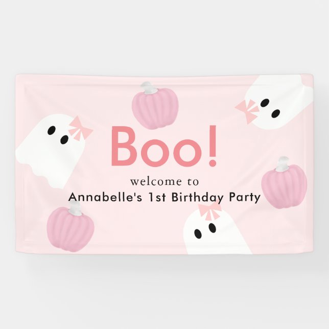 Halloween Ghost Girl Pumpkin Pink Birthday Welcome Banner (Horizontal)